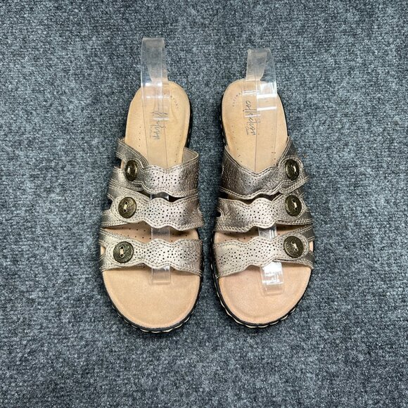 Clarks Sandals Women's Size 8.5 Bronze Leather Button Adjustable Comfort Slides - Picture 3 of 12